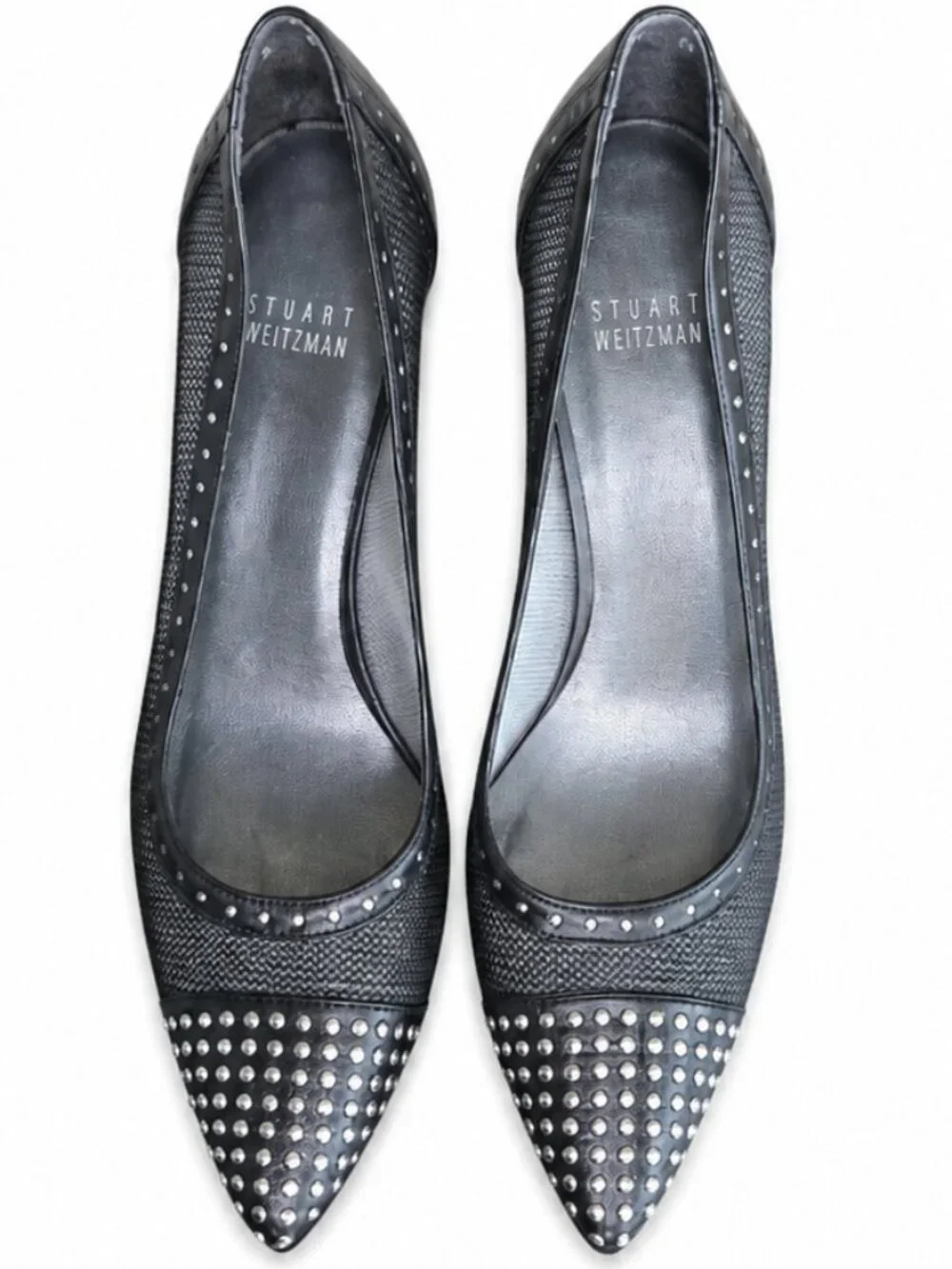 Stuart Weitzman Tipper Black Mesh Studded Pointed Toe Pumps Size‎ 8M Rockstar